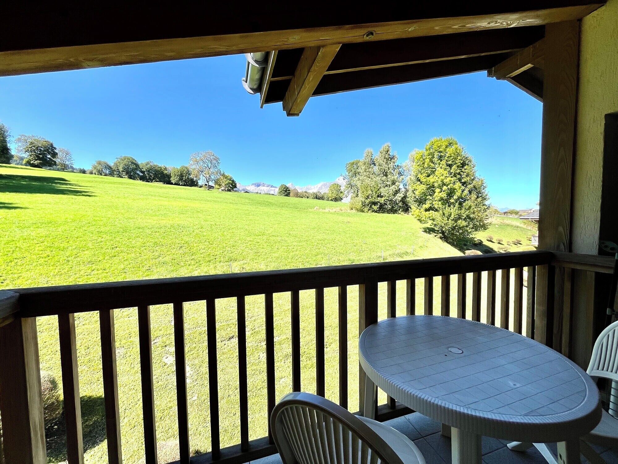 A covered outdoor area with a table and chairs, overlooking a green field and trees.