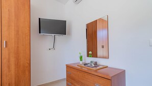 Una stanza con un'armadio in legno, una TV a schermo piatto montata a parete e una piccola pianta in vaso sul comò.