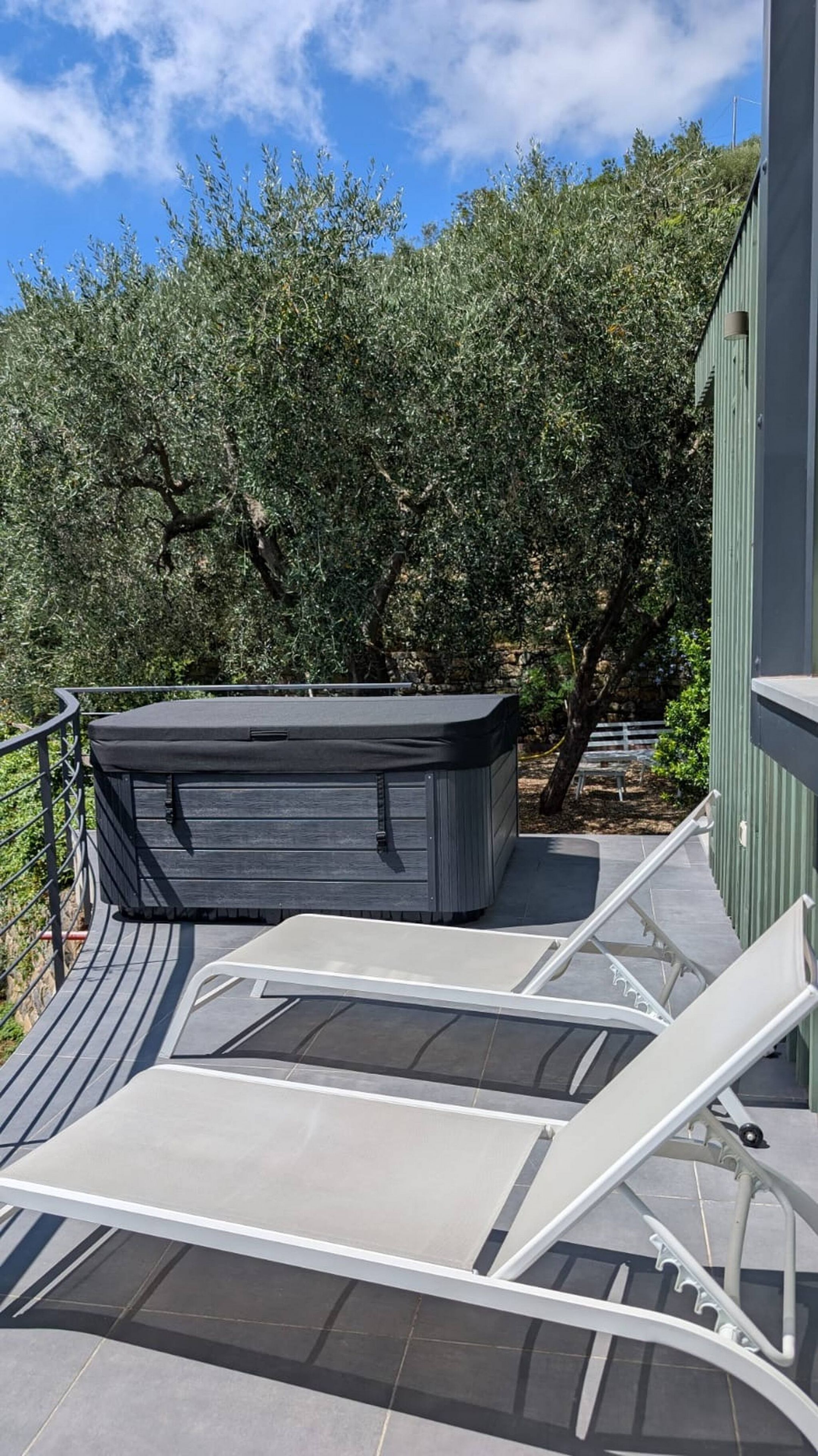 A rooftop terrace with a hot tub, lounge chairs, and a view of olive trees.