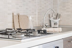 Een keuken met een gasfornuis, een spoelbak met kraan en een keukengerei-houder.