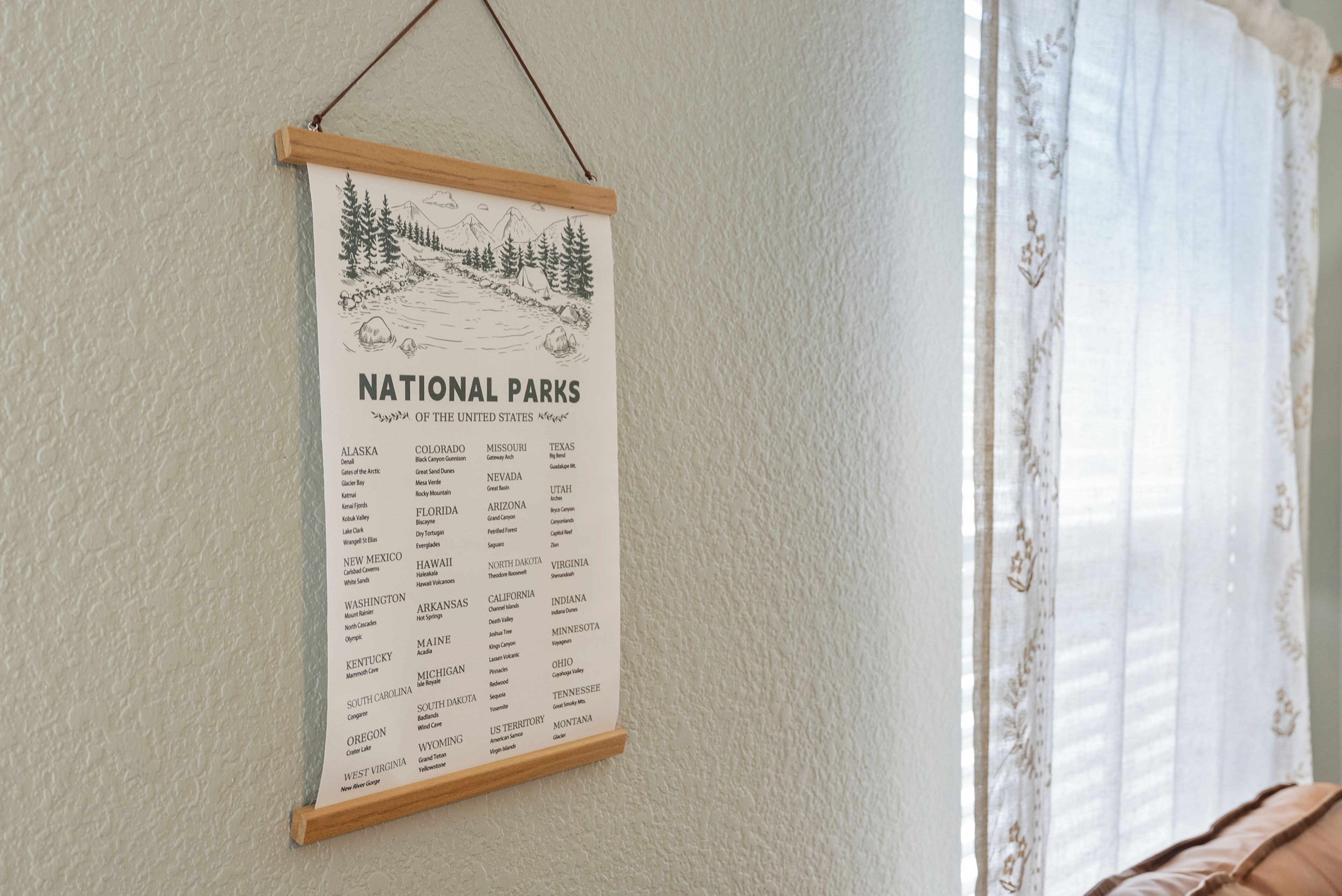 A wall-mounted sign listing U.S. National Parks by state.