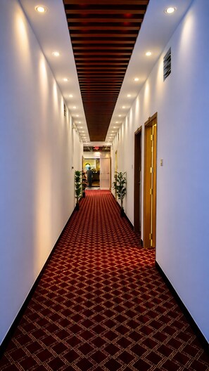 A hotel corridor with a patterned carpet, recessed lighting, and a wooden ceiling. - Hotel Park Valley International (Dhaka)