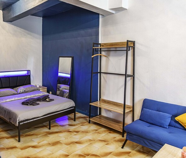 1 bedroom, desk, iron/ironing board, bed sheets