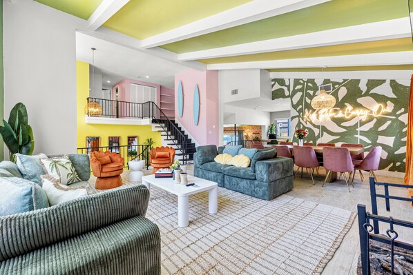 Smart TV, fireplace, video games, foosball