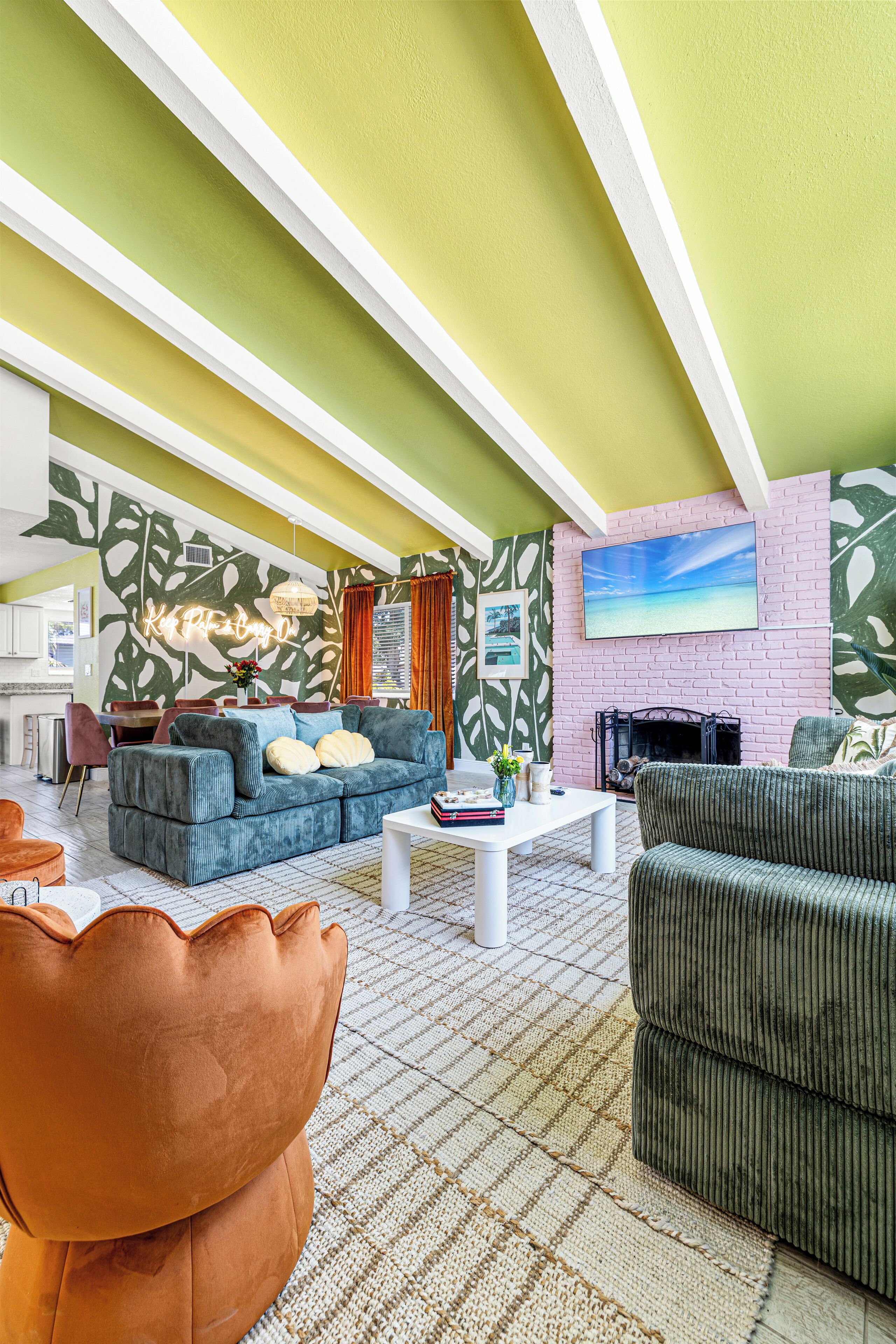 Smart TV, fireplace, video games, foosball