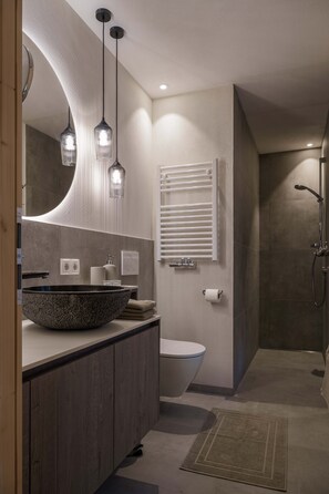 Shower, hair dryer, bidet, towels