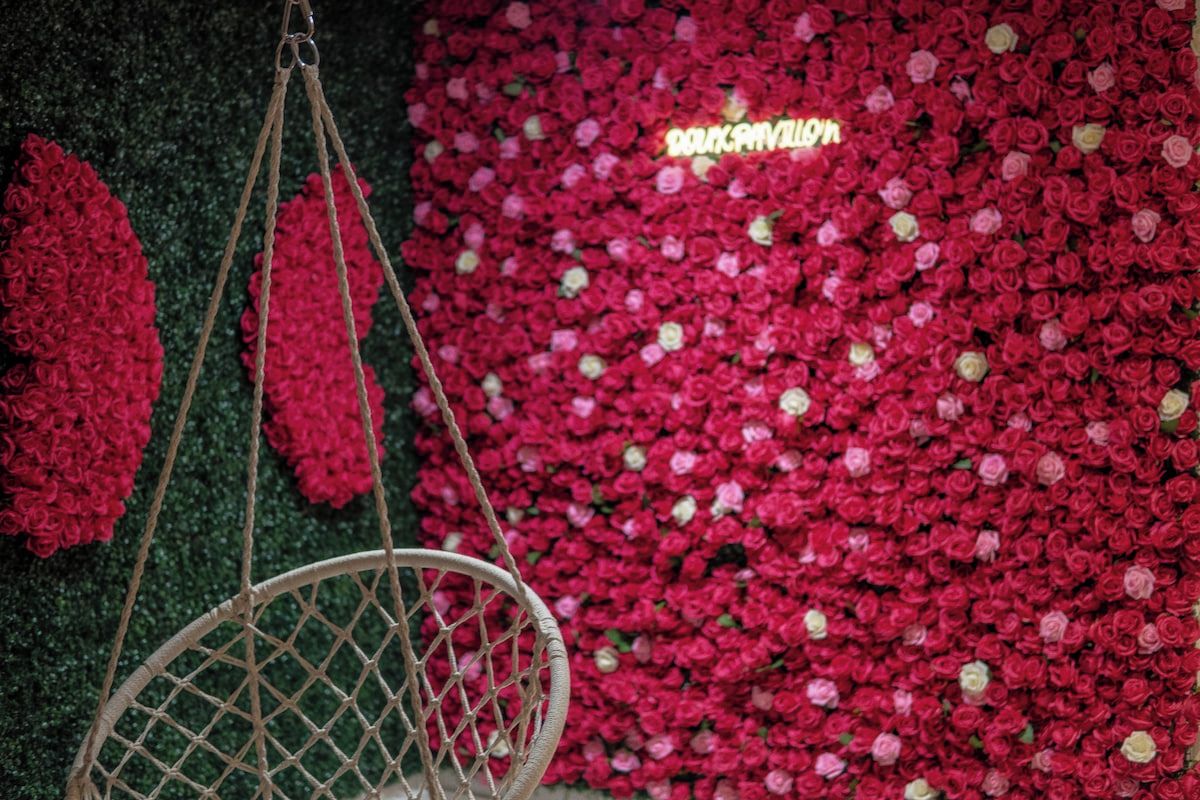 A hanging chair suspended by ropes against a backdrop of densely packed red flowers.