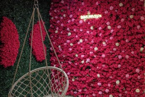 A hanging chair suspended by ropes against a backdrop of densely packed red flowers. - L'évasion : Jacuzzi & Sauna (Tassin-la-Demi-Lune)