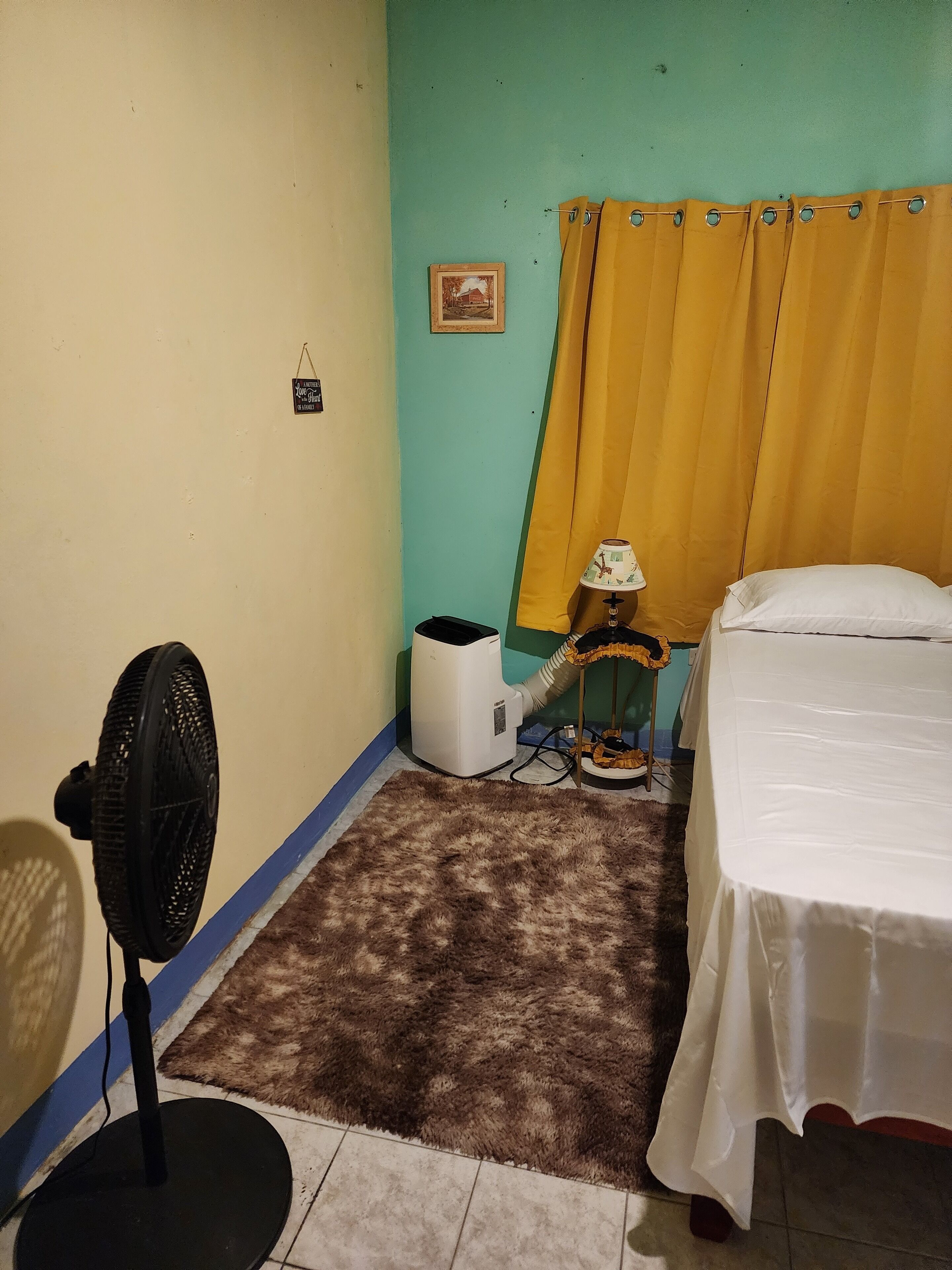 A small room with a bed, a fan, a heater, and a rug.