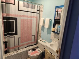 A bathroom with a shower curtain, a toilet, a sink with toiletries, and a mirror.