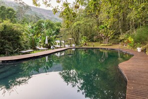 Ein ruhiger Pool im Freien mit einer Holzterrasse, umgeben von üppiger Bepflanzung und Bäumen.
