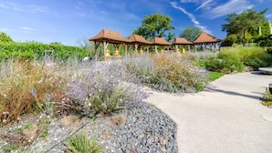Un jardin agrémenté de pergolas et doté d’un chemin pavé.
