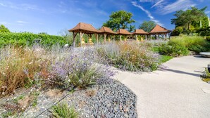 Een tuin met pergola's en een geplaveid pad.