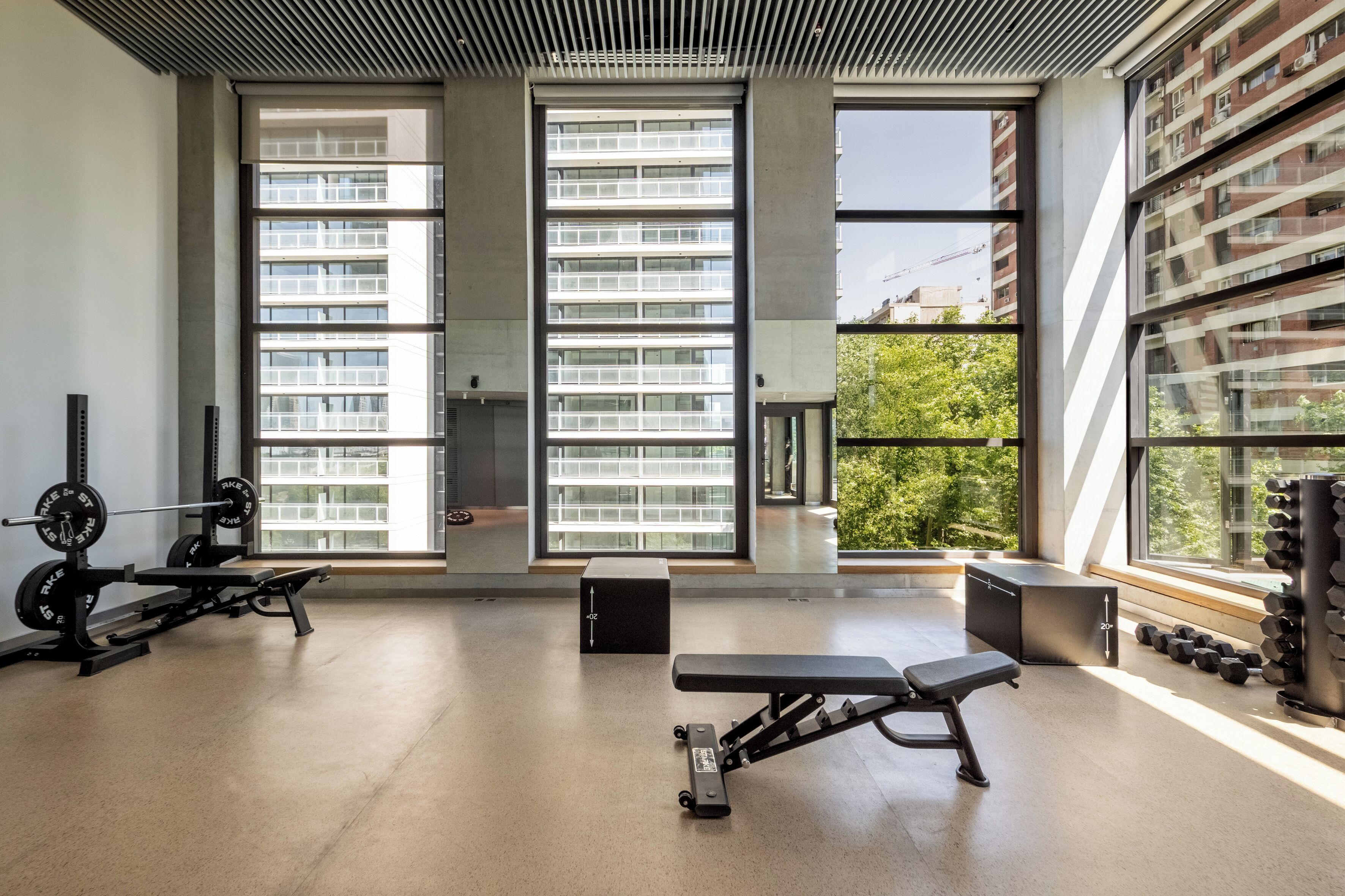 Un gimnasio con amplias ventanas, equipo de levantamiento de pesas y una banca.