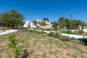A garden with white buildings, a tree, and a clear blue sky.