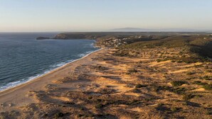 Un paisaje costero con una playa arenosa y vegetación escasa.