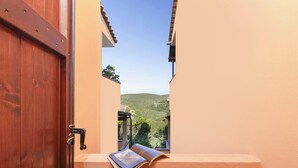 Una puerta de madera con vistas a un balcón y un libro encima.