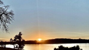 Solnedgang over en rolig sø med træer og græskrænter.
