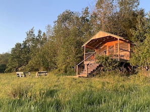 Eine Holzhütte mit einer Treppe, die zu einem Balkon führt, umgeben von hohem Gras und Bäumen.