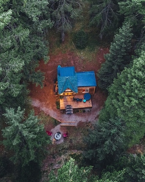 An aerial view of a cabin surrounded by dense forest, with a deck and outdoor seating area.
