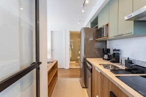 Apartment | Private kitchen | Fridge, microwave, cookware/dishes/utensils