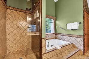 Hair dryer, towels, soap, shampoo