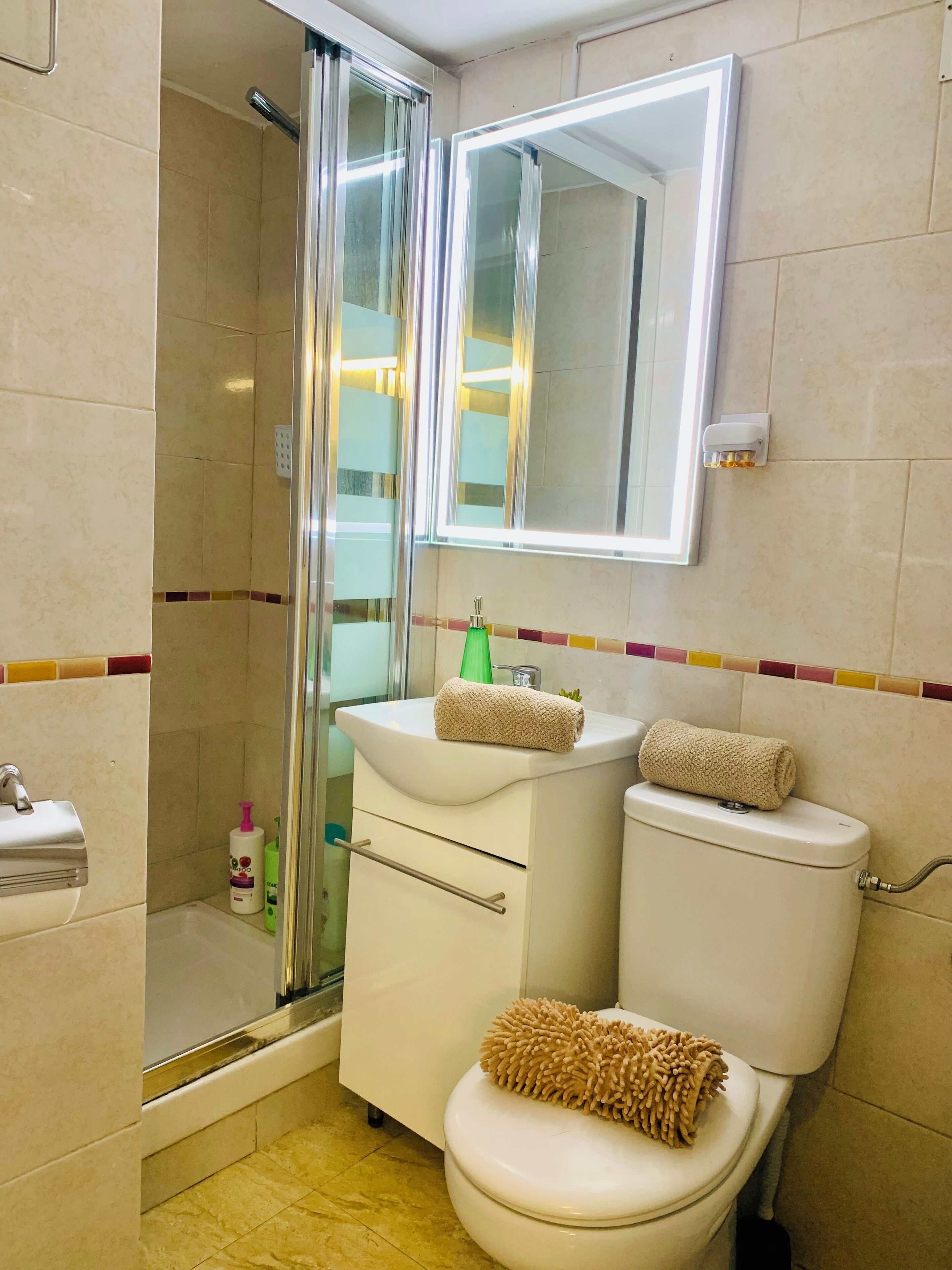 Une salle de bain équipée d’une douche, de toilettes, d’un lavabo et d’un miroir.