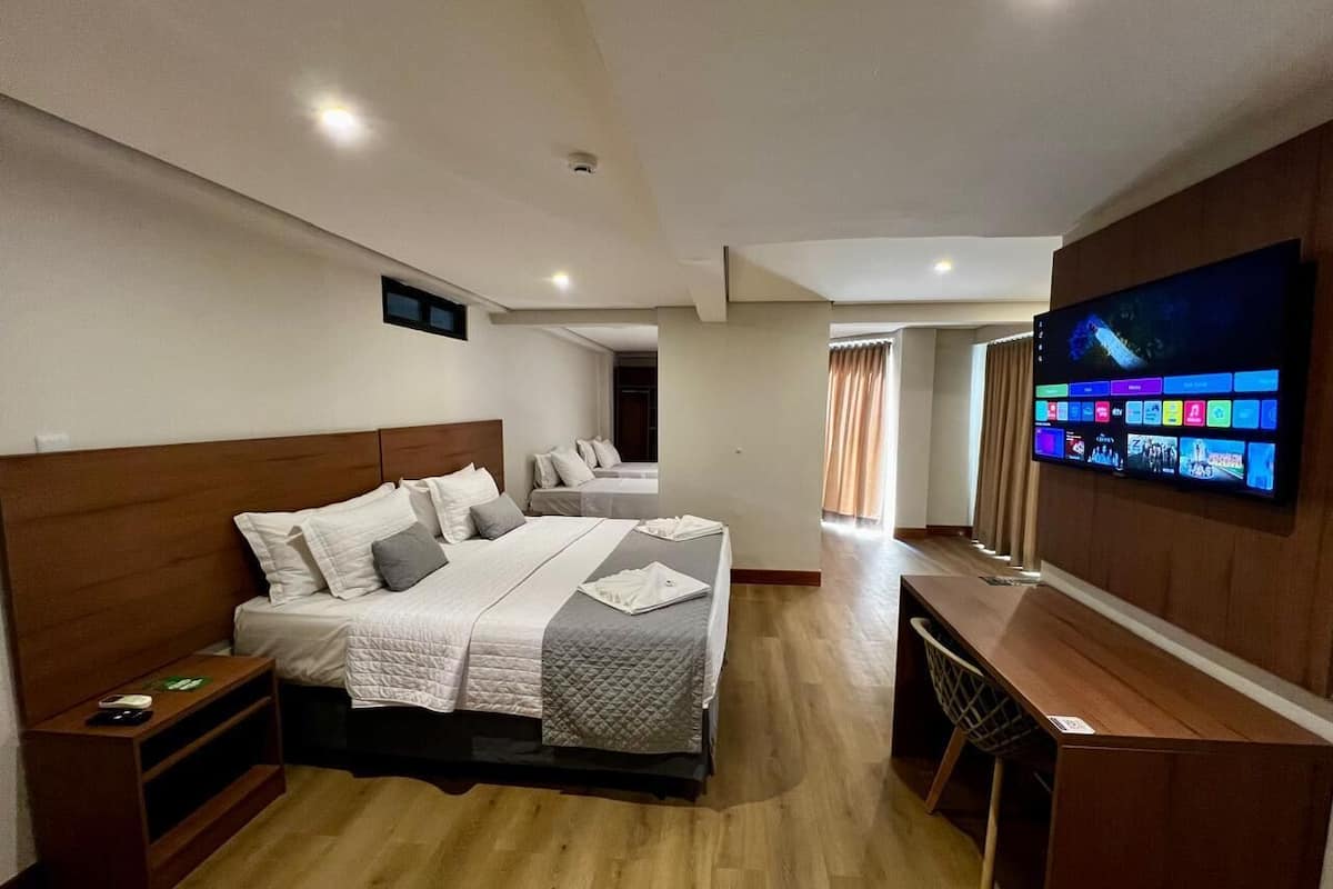 Una habitación de hotel con una cama grande, un escritorio, un televisor y una ventana.