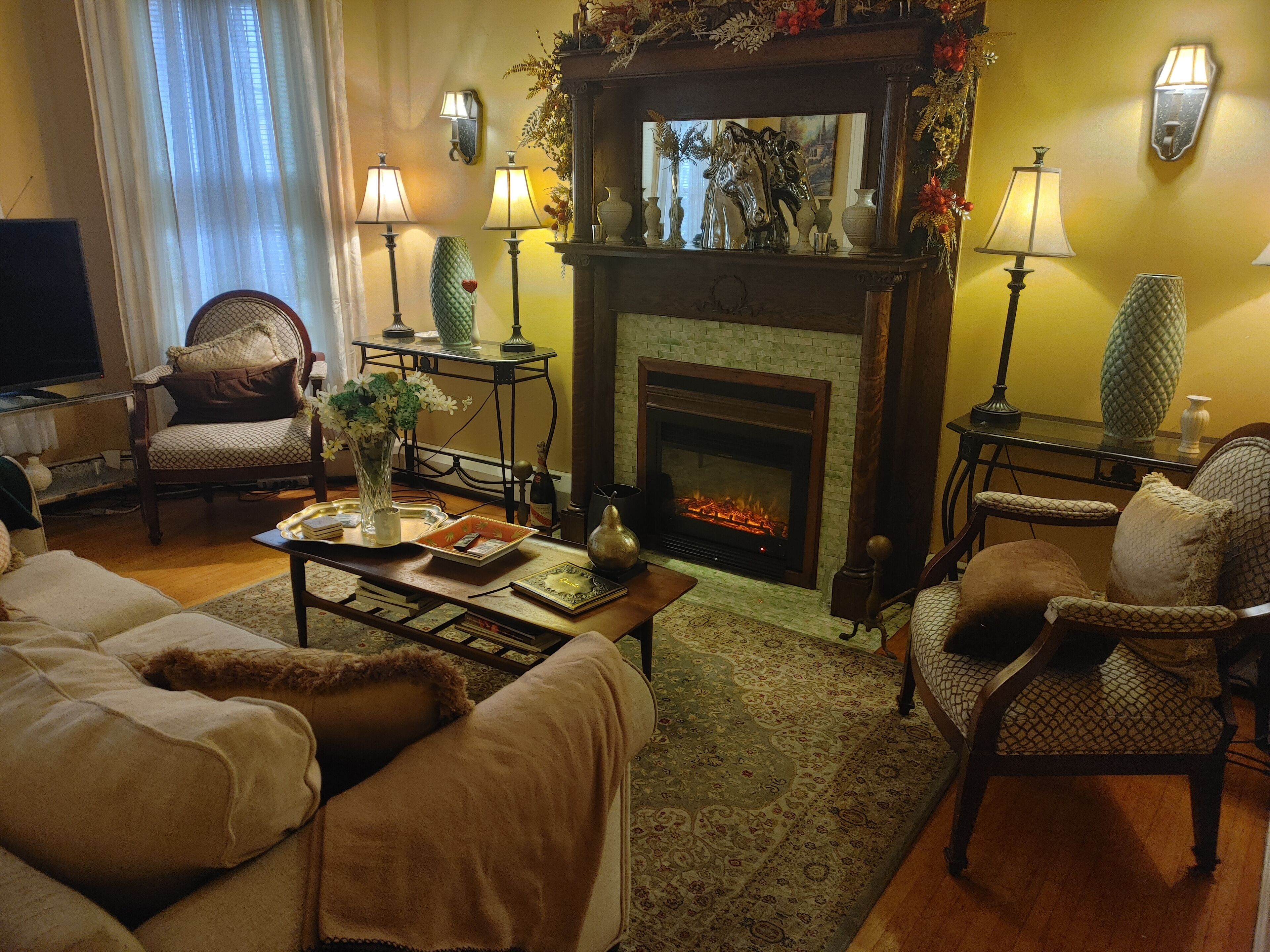 Smart TV, fireplace, DVD player, books