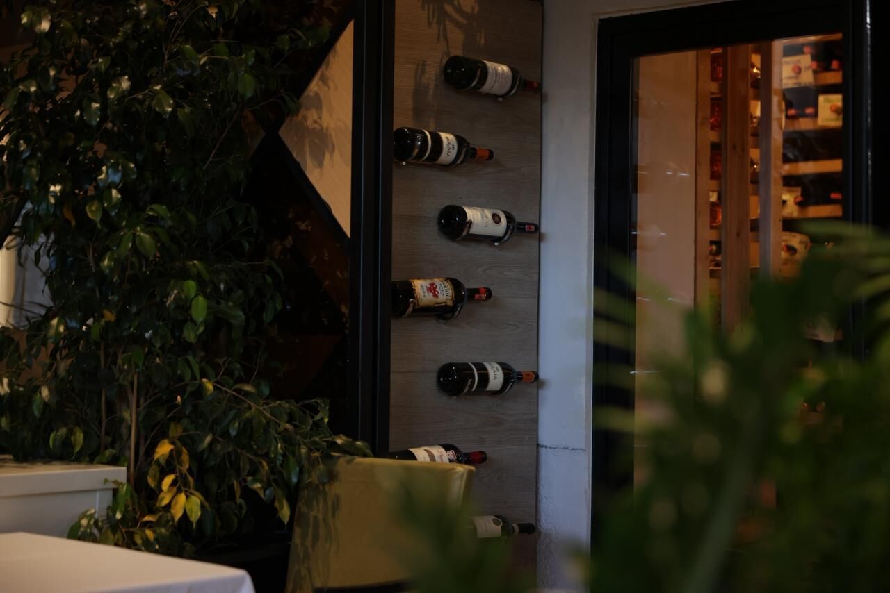 Una botellera con varias botellas, una mesa y una planta al frente.
