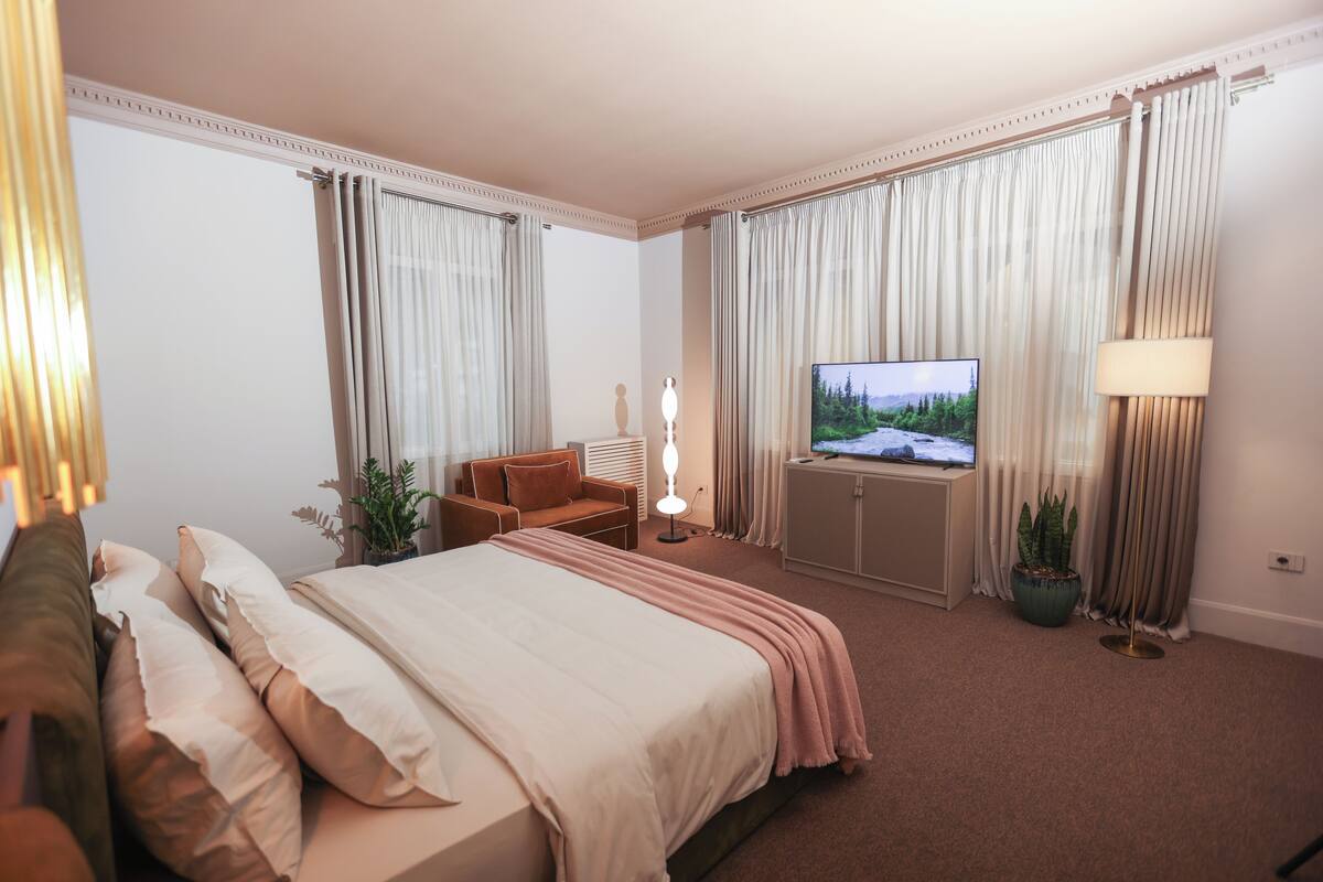 A hotel room with a large bed, a TV, a desk, and a potted plant.