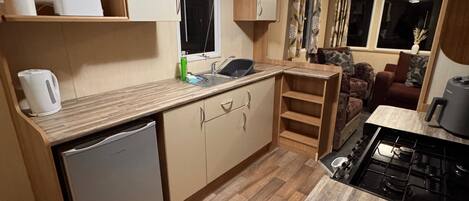 Fridge, oven, stovetop, electric kettle