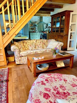 Fireplace, table football, books, printers