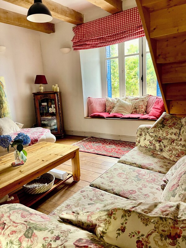 Fireplace, table football, books, printers