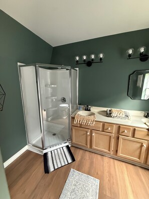 Shower, towels, soap, shampoo