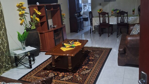 A living room with a sofa, a coffee table, a TV, a ceiling fan, and a dining area with chairs and a table.