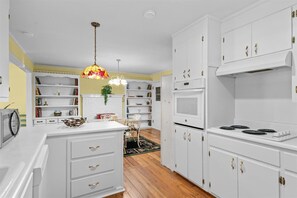 Een magnetron, een oven, een kookplaat, een vaatwasser