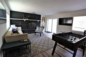 TV, fireplace, foosball