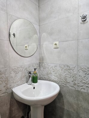 Shower, towels, soap, toilet paper