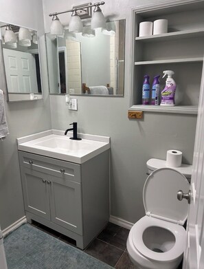 A bathroom with a white sink, a mirror, a toilet, and shelves with toiletries.