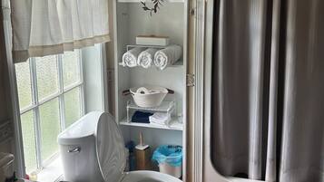 Regadera, toallas, jabón, papel de baño