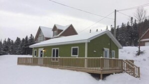 A green house with a wooden deck and a snow-covered roof. - Single Bedroom Green Bungalow (Rocky Harbour)