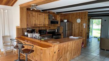 Een microgolfoven, een oven, een kookplaat, een vaatwasser