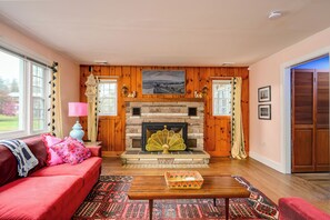 Smart TV, caminetto, libri