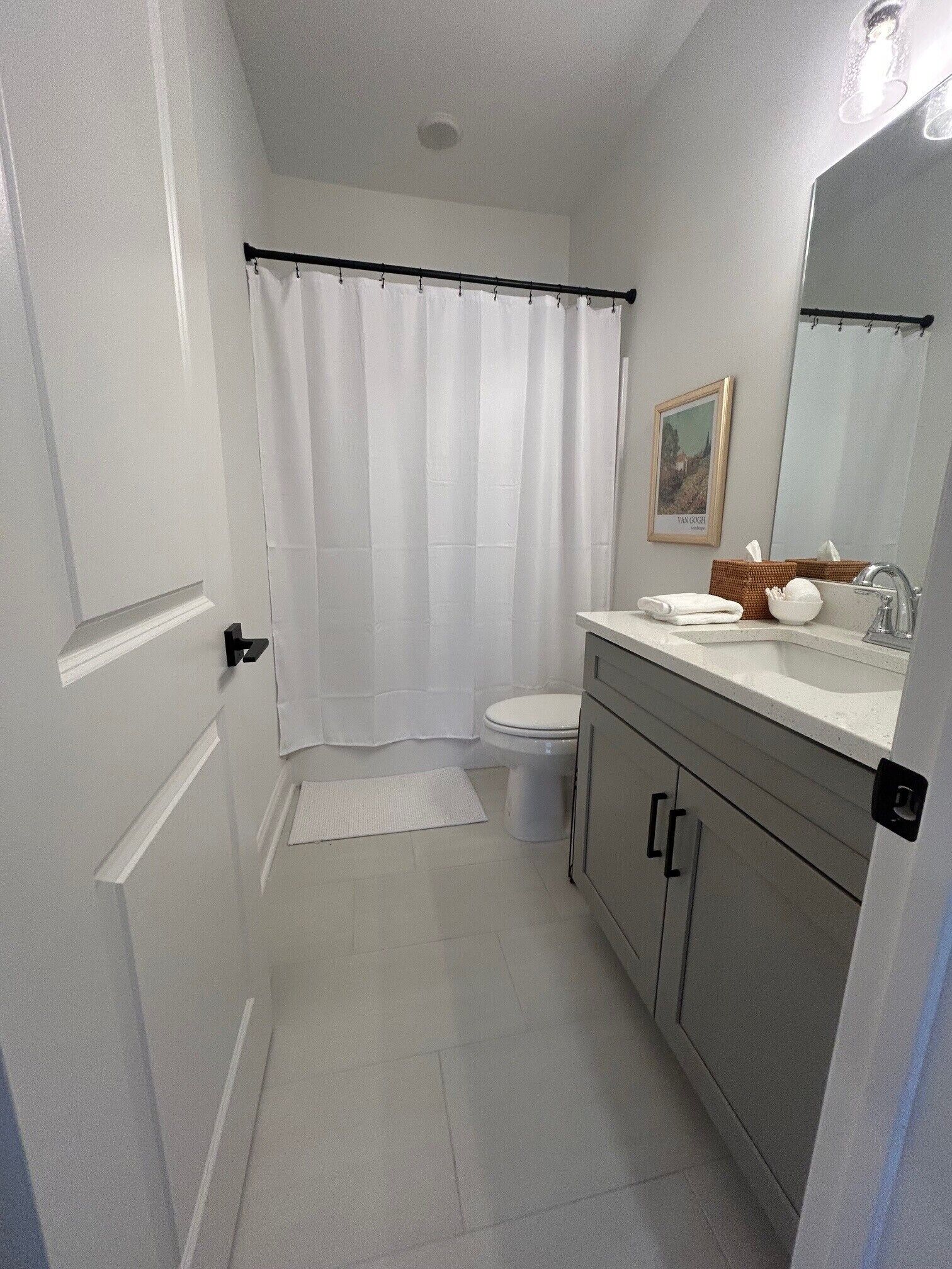 Une salle de bain comprenant des toilettes, un lavabo, un miroir, un rideau de douche et un petit tapis.
