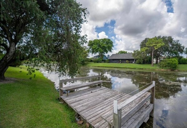 A wooden dock extending into a calm body of water, surrounded by lush greenery and a large tree.