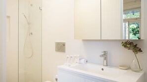 Shower, hair dryer, towels