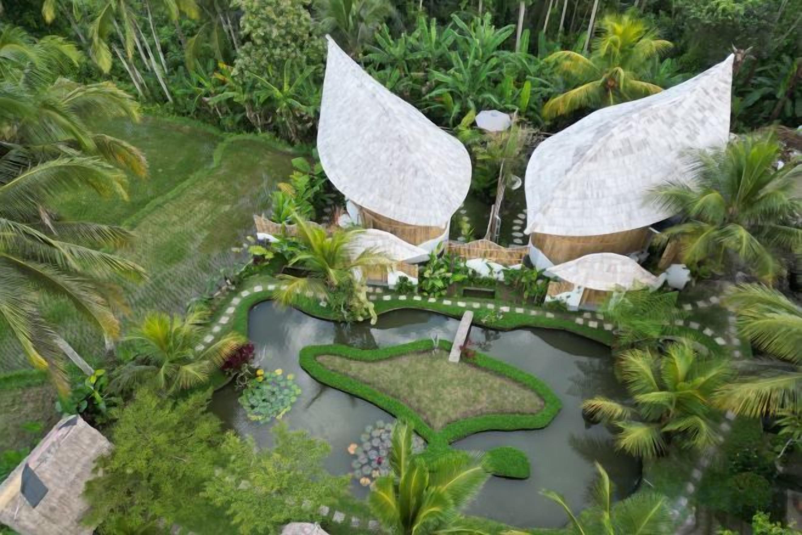 A tropical resort with two large white structures surrounded by lush greenery and a central pond.