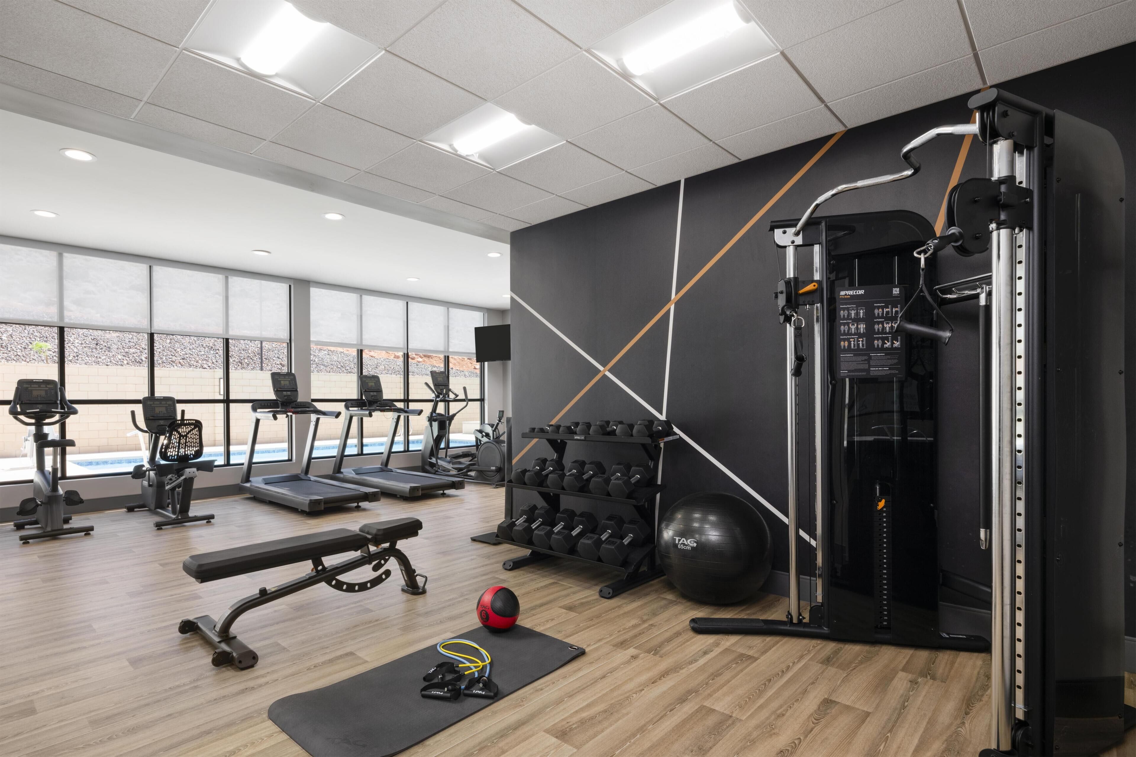 A gym with treadmills, elliptical machines, a bench, free weights, and a squat rack.