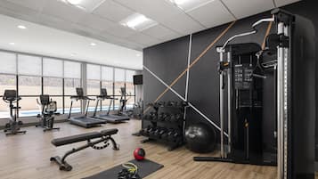 Un gimnasio con cintas de correr, elípticas, una banca, pesas libres y una jaula para sentadillas.